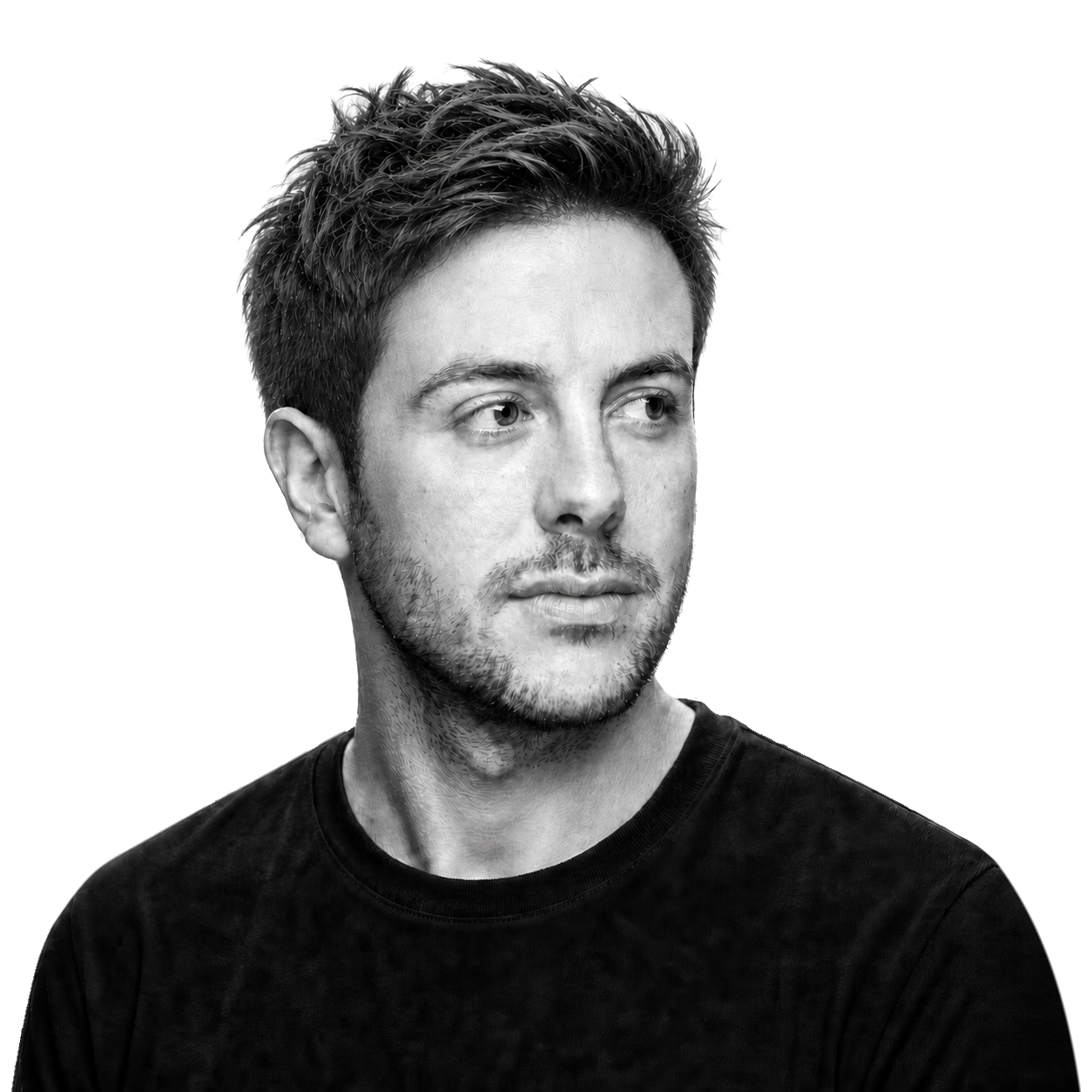 Black and white side portrait of Mario Sanoguera de Lorenzo